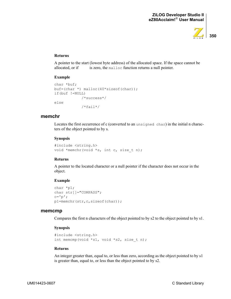 Memchr, Memcmp, Memchr memcmp | Zilog EZ80F916 User Manual | Page 370 / 469