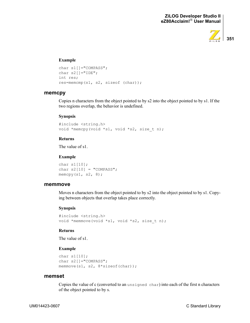 Memcpy, Memmove, Memset | Memcpy memmove memset | Zilog EZ80F916 User Manual | Page 371 / 469