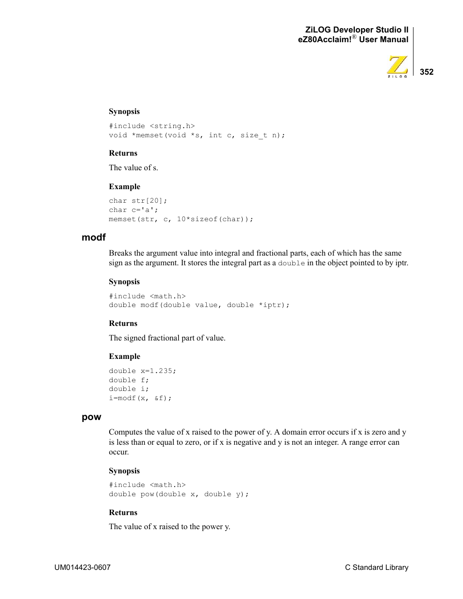 Modf, Modf pow | Zilog EZ80F916 User Manual | Page 372 / 469