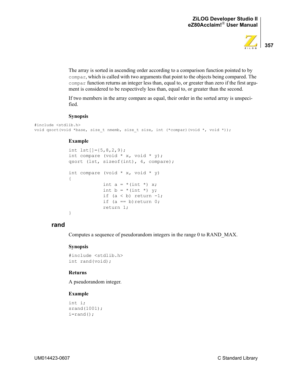 Rand | Zilog EZ80F916 User Manual | Page 377 / 469