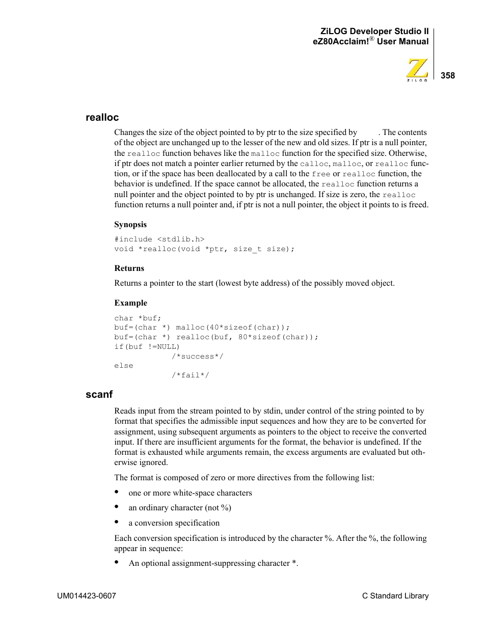 Realloc, Scanf, Realloc scanf | Zilog EZ80F916 User Manual | Page 378 / 469