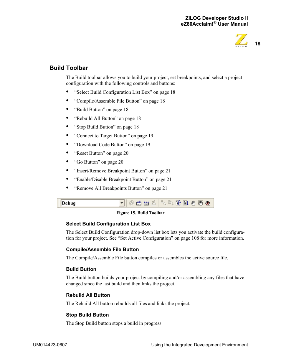 Build toolbar | Zilog EZ80F916 User Manual | Page 38 / 469