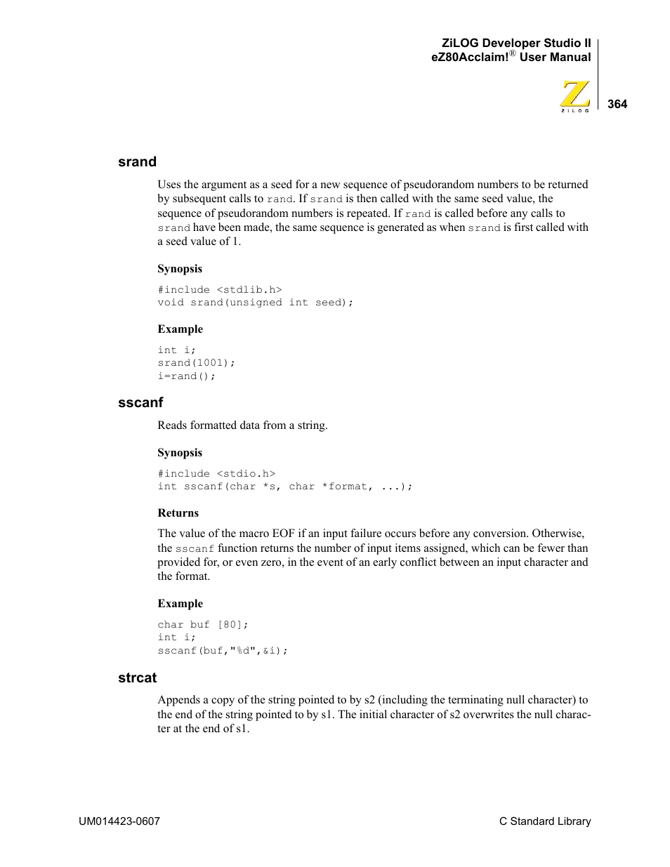 Srand, Sscanf, Strcat | Srand sscanf strcat | Zilog EZ80F916 User Manual | Page 384 / 469