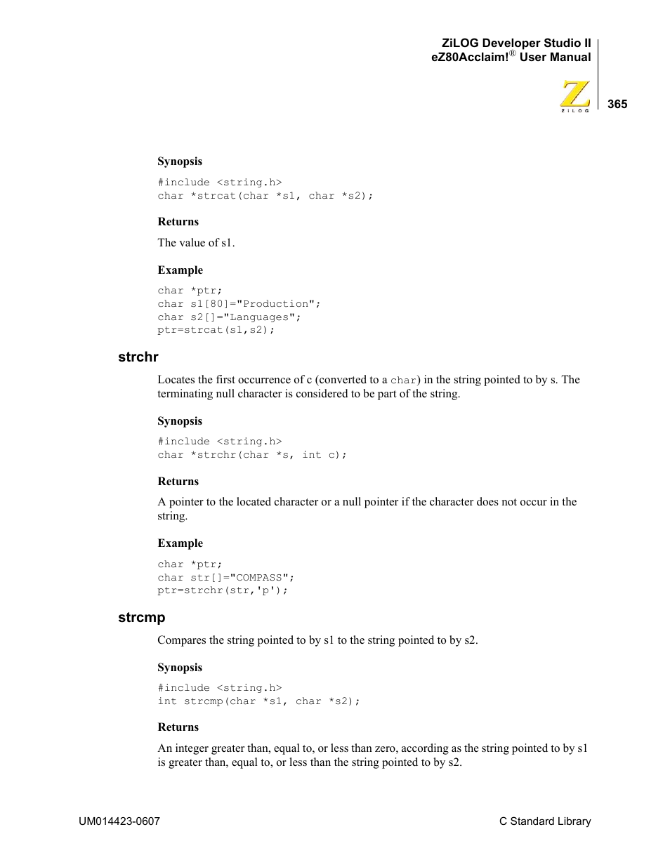 Strchr, Strcmp, Strchr strcmp | Zilog EZ80F916 User Manual | Page 385 / 469