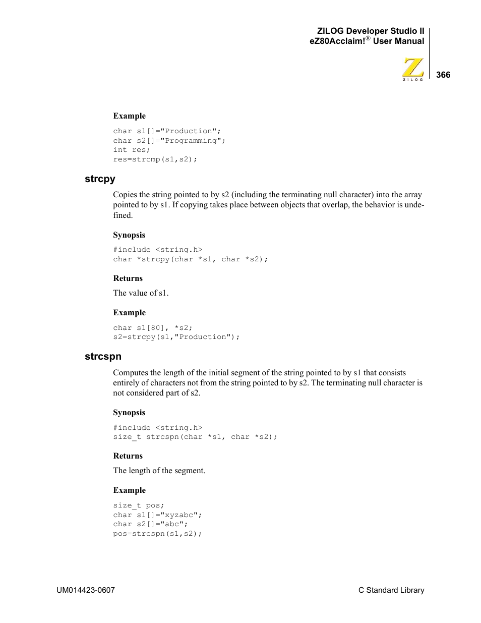 Strcpy, Strcspn, Strcpy strcspn | Zilog EZ80F916 User Manual | Page 386 / 469