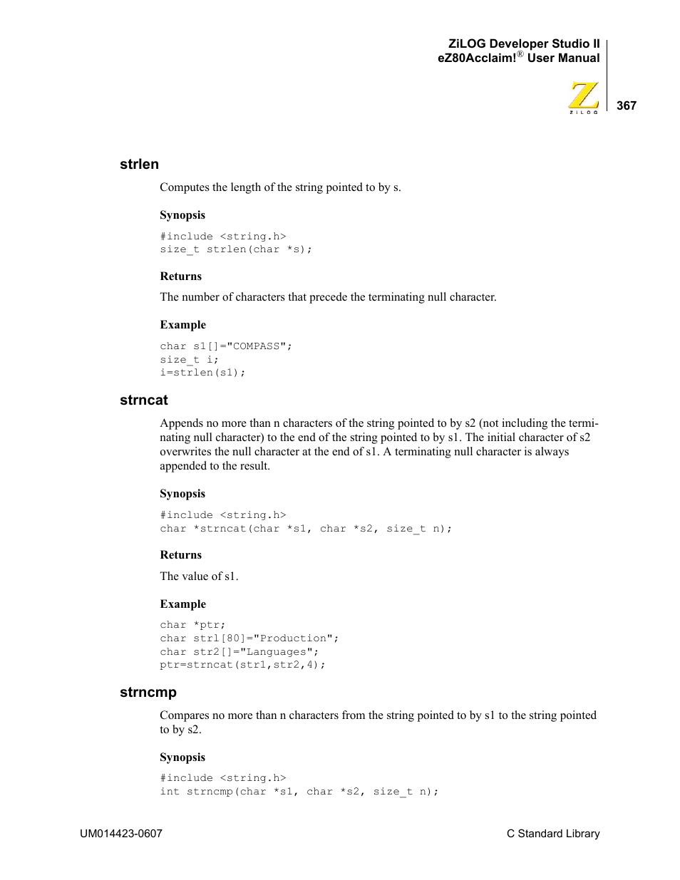 Strlen, Strncat, Strncmp | Strlen strncat strncmp | Zilog EZ80F916 User Manual | Page 387 / 469
