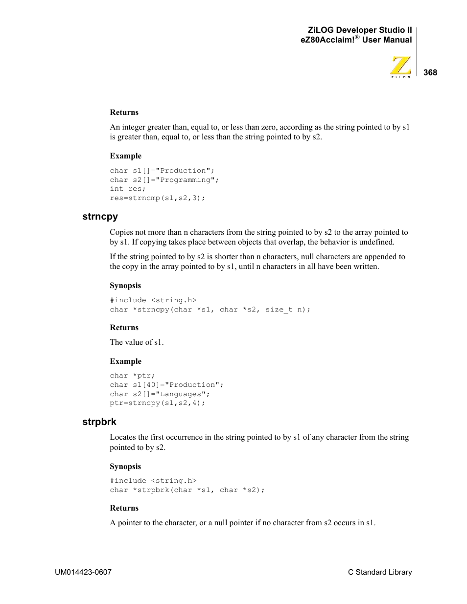 Strncpy, Strpbrk, Strncpy strpbrk | Zilog EZ80F916 User Manual | Page 388 / 469