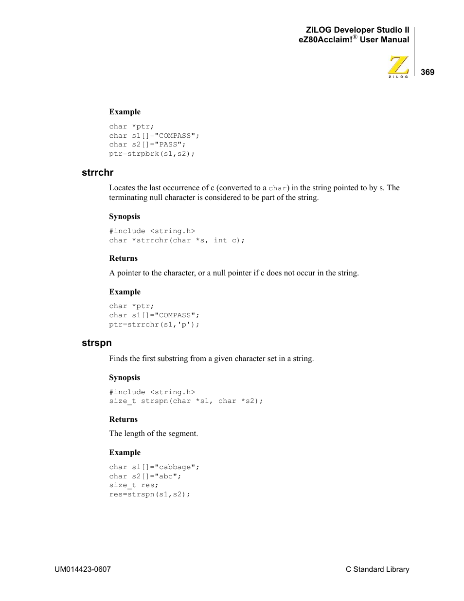 Strrchr, Strspn, Strrchr strspn | Zilog EZ80F916 User Manual | Page 389 / 469