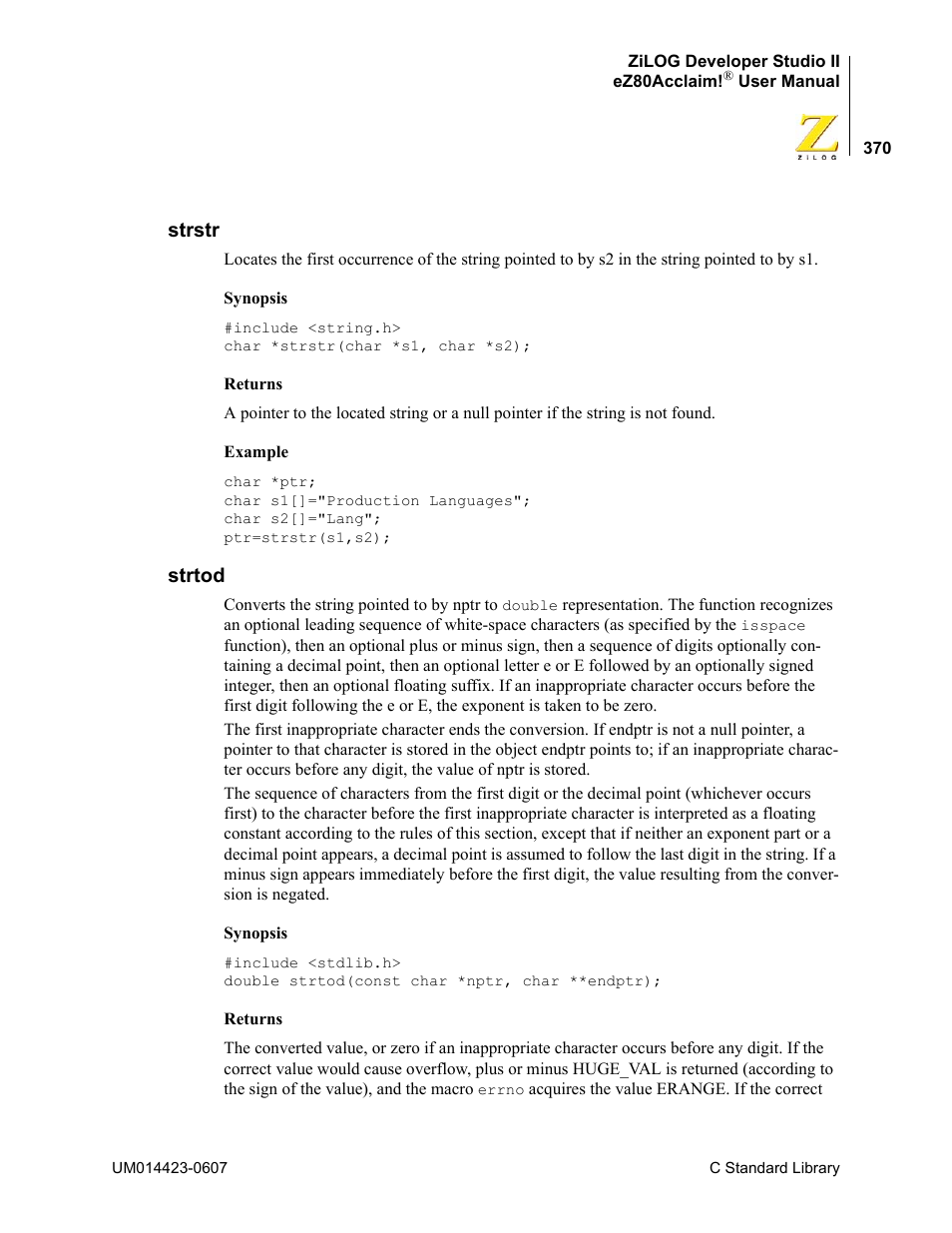 Strstr, Strtod, Strstr strtod | Zilog EZ80F916 User Manual | Page 390 / 469
