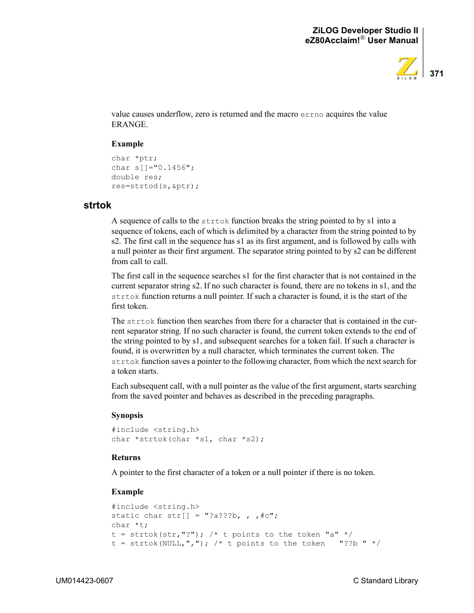 Strtok | Zilog EZ80F916 User Manual | Page 391 / 469
