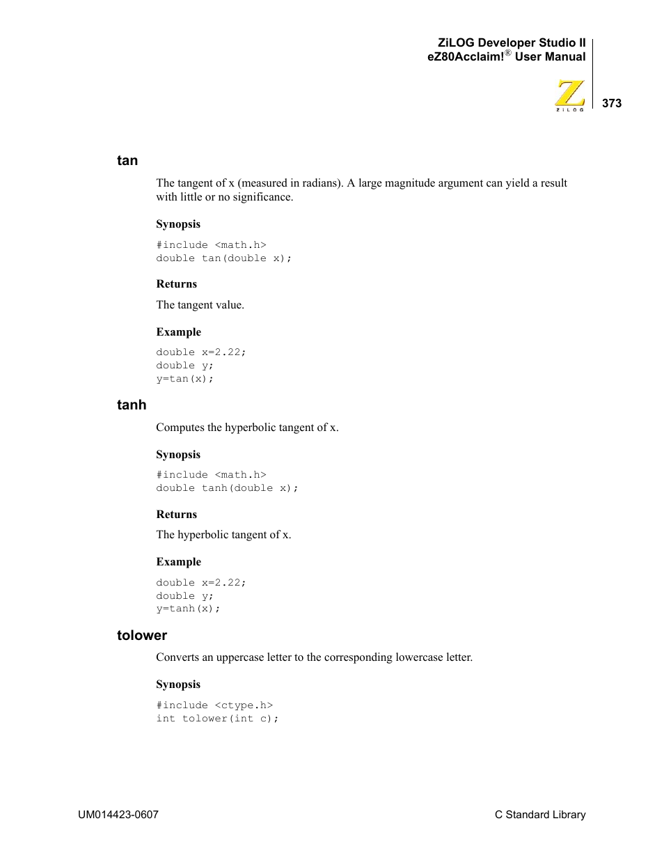 Tanh, Tolower, Tan tanh tolower | Zilog EZ80F916 User Manual | Page 393 / 469