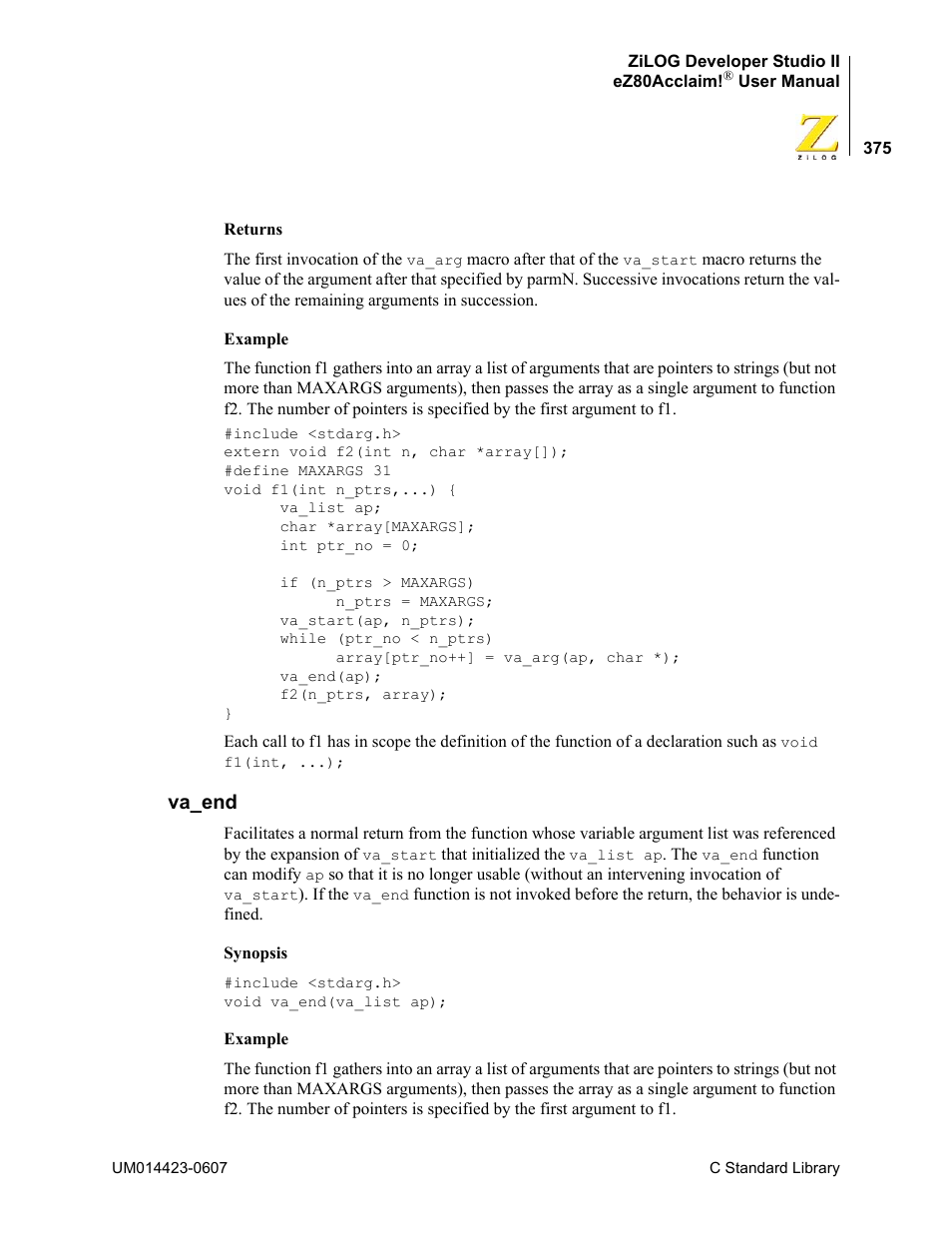 Va_end | Zilog EZ80F916 User Manual | Page 395 / 469