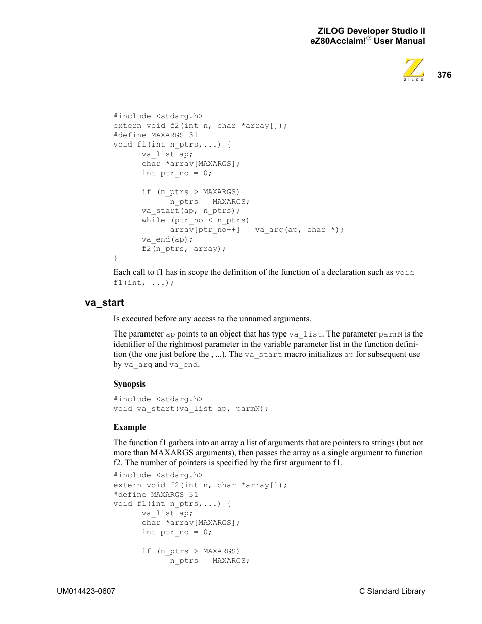 Va_start | Zilog EZ80F916 User Manual | Page 396 / 469