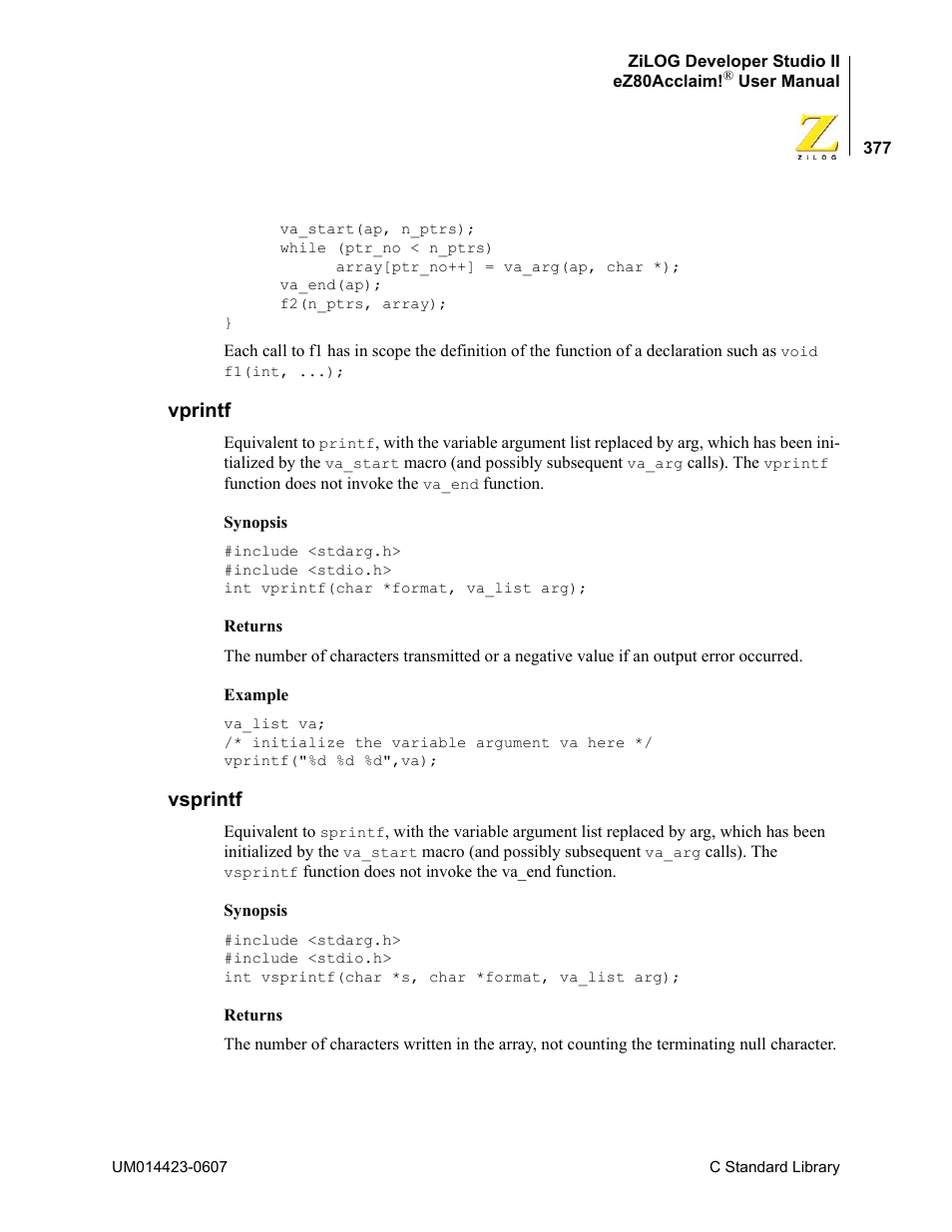 Vprintf, Vsprintf, Vprintf vsprintf | Zilog EZ80F916 User Manual | Page 397 / 469