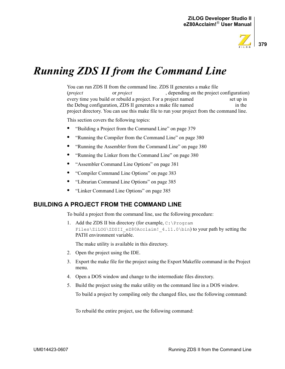 Running zds ii from the command line, Building a project from the command line | Zilog EZ80F916 User Manual | Page 399 / 469