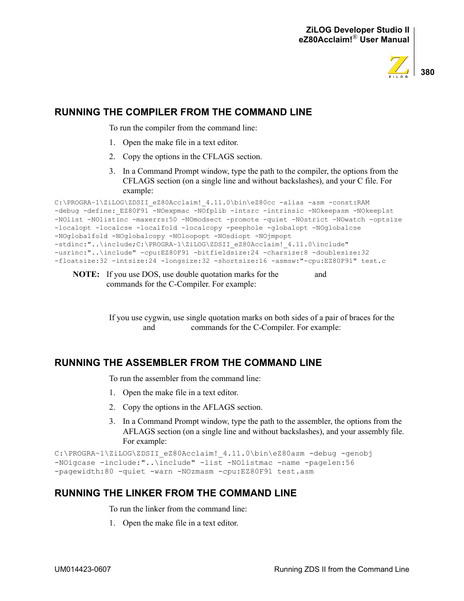 Running the compiler from the command line, Running the assembler from the command line, Running the linker from the command line | Zilog EZ80F916 User Manual | Page 400 / 469