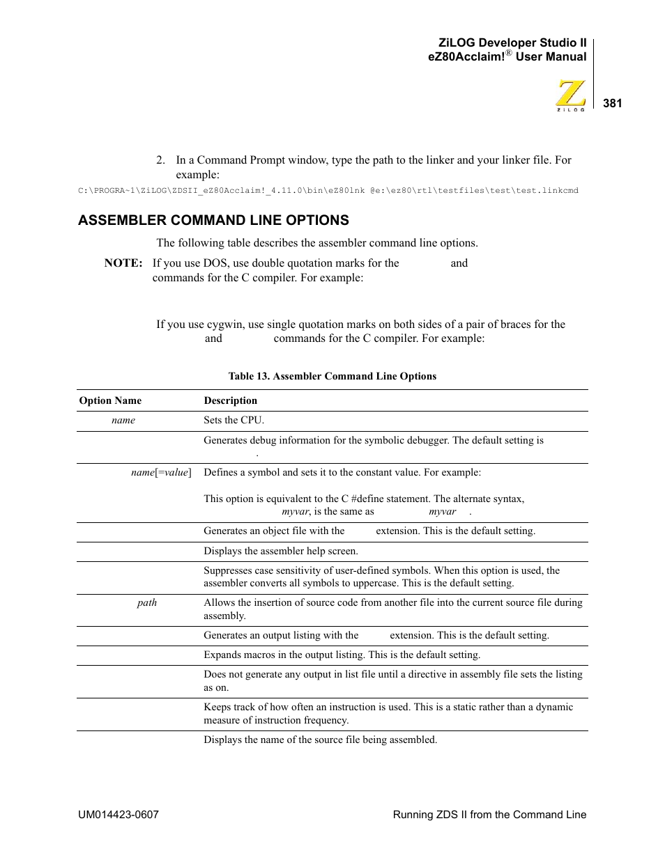 Assembler command line options | Zilog EZ80F916 User Manual | Page 401 / 469