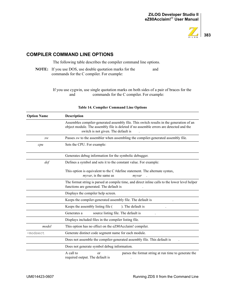 Compiler command line options | Zilog EZ80F916 User Manual | Page 403 / 469