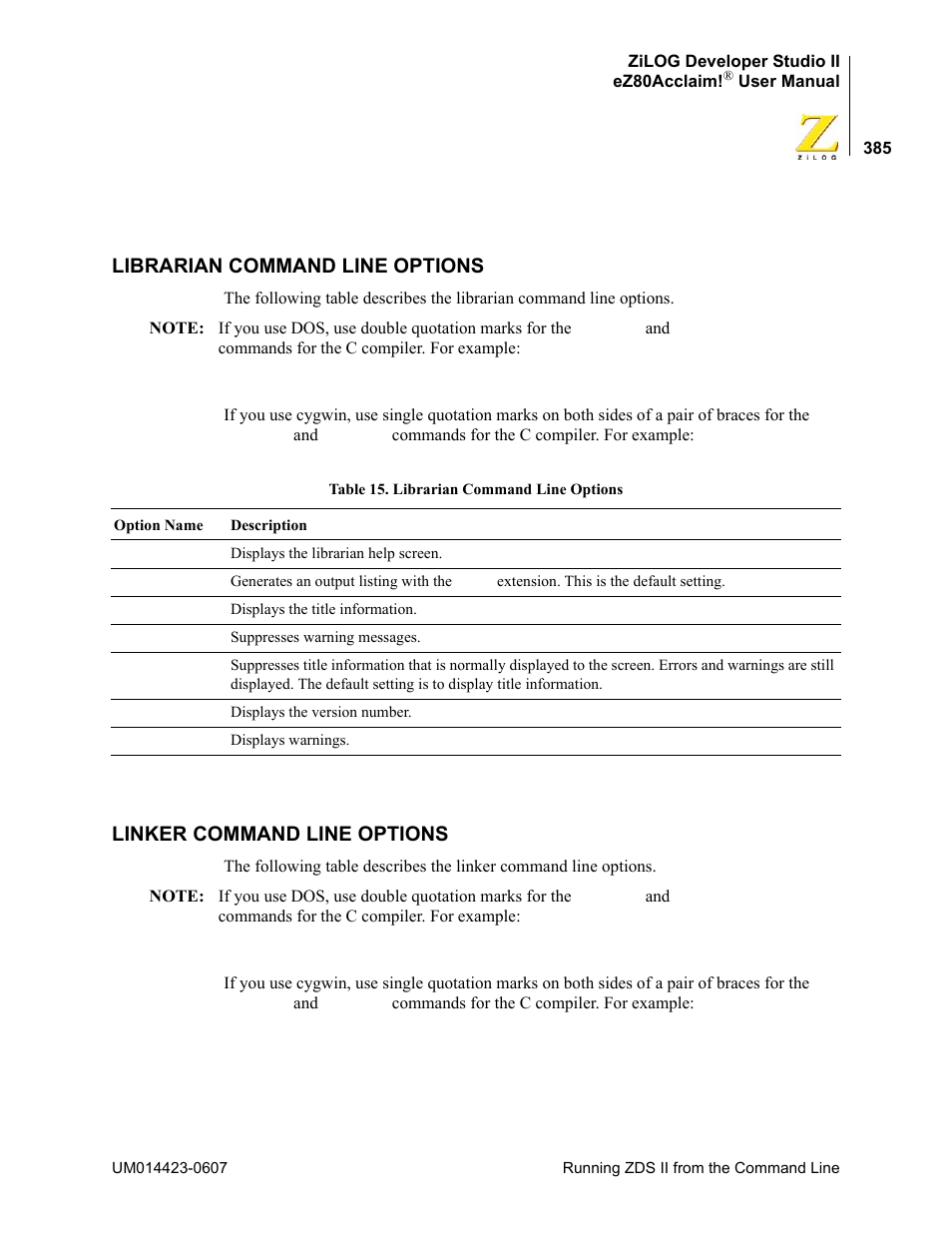 Librarian command line options, Linker command line options | Zilog EZ80F916 User Manual | Page 405 / 469