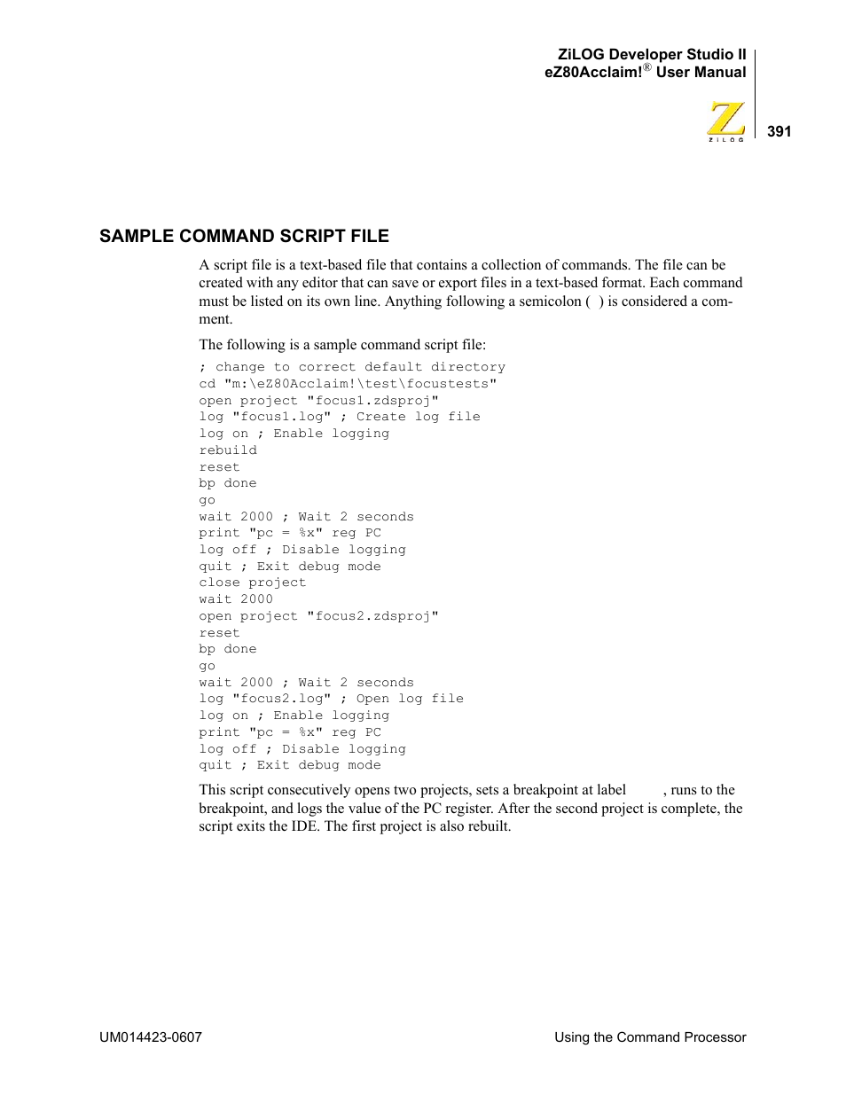 Sample command script file | Zilog EZ80F916 User Manual | Page 411 / 469