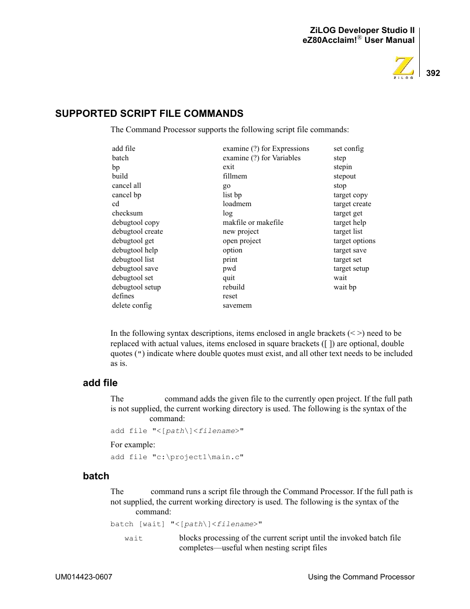 Supported script file commands, Add file, Batch | Add file batch | Zilog EZ80F916 User Manual | Page 412 / 469