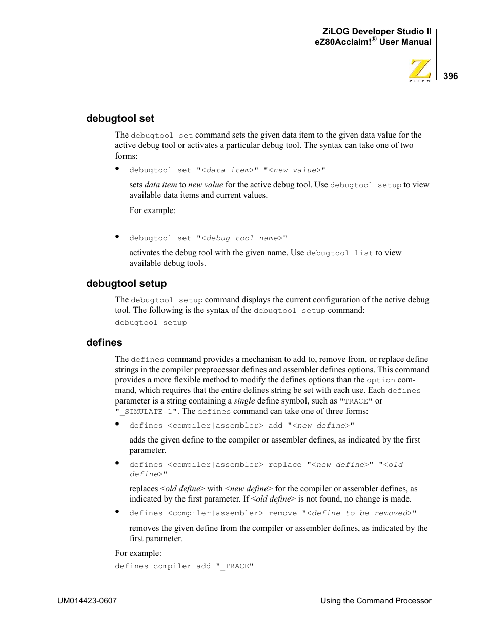 Debugtool set, Debugtool setup, Defines | Debugtool set debugtool setup defines | Zilog EZ80F916 User Manual | Page 416 / 469