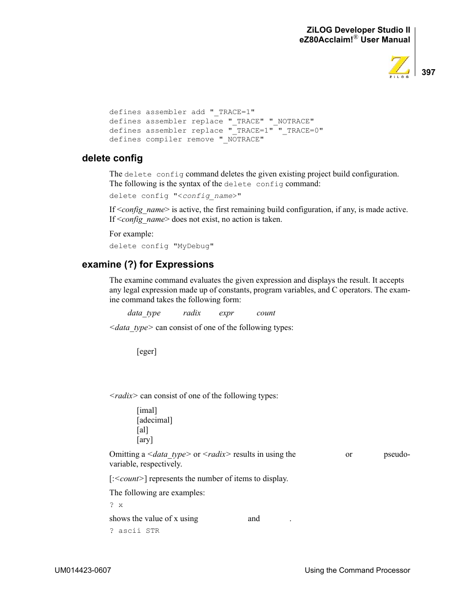 Delete config, Examine (?) for expressions, Delete config examine (?) for expressions | Zilog EZ80F916 User Manual | Page 417 / 469
