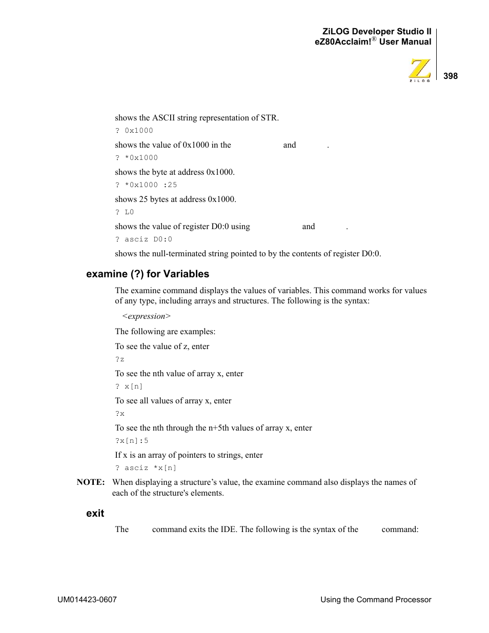 Examine (?) for variables, Exit, Examine (?) for variables exit | Zilog EZ80F916 User Manual | Page 418 / 469