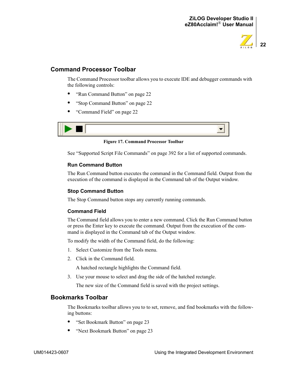 Command processor toolbar, Bookmarks toolbar, Command processor toolbar bookmarks toolbar | Zilog EZ80F916 User Manual | Page 42 / 469