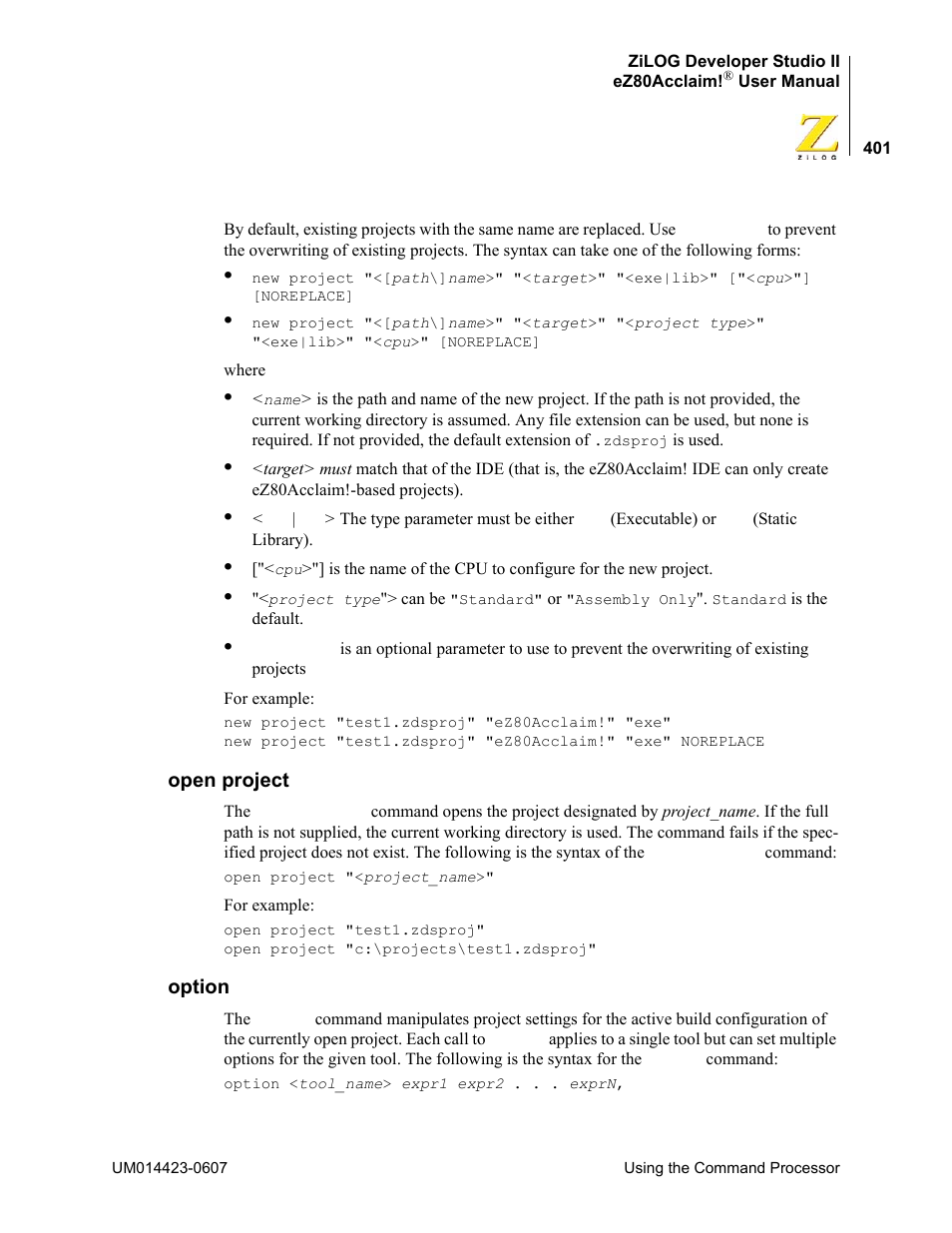 Open project, Option, Open project option | Zilog EZ80F916 User Manual | Page 421 / 469