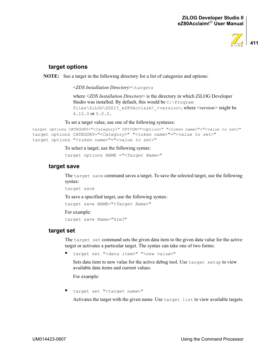 Target options, Target save, Target set | Target options target save, Target options target save target set | Zilog EZ80F916 User Manual | Page 431 / 469