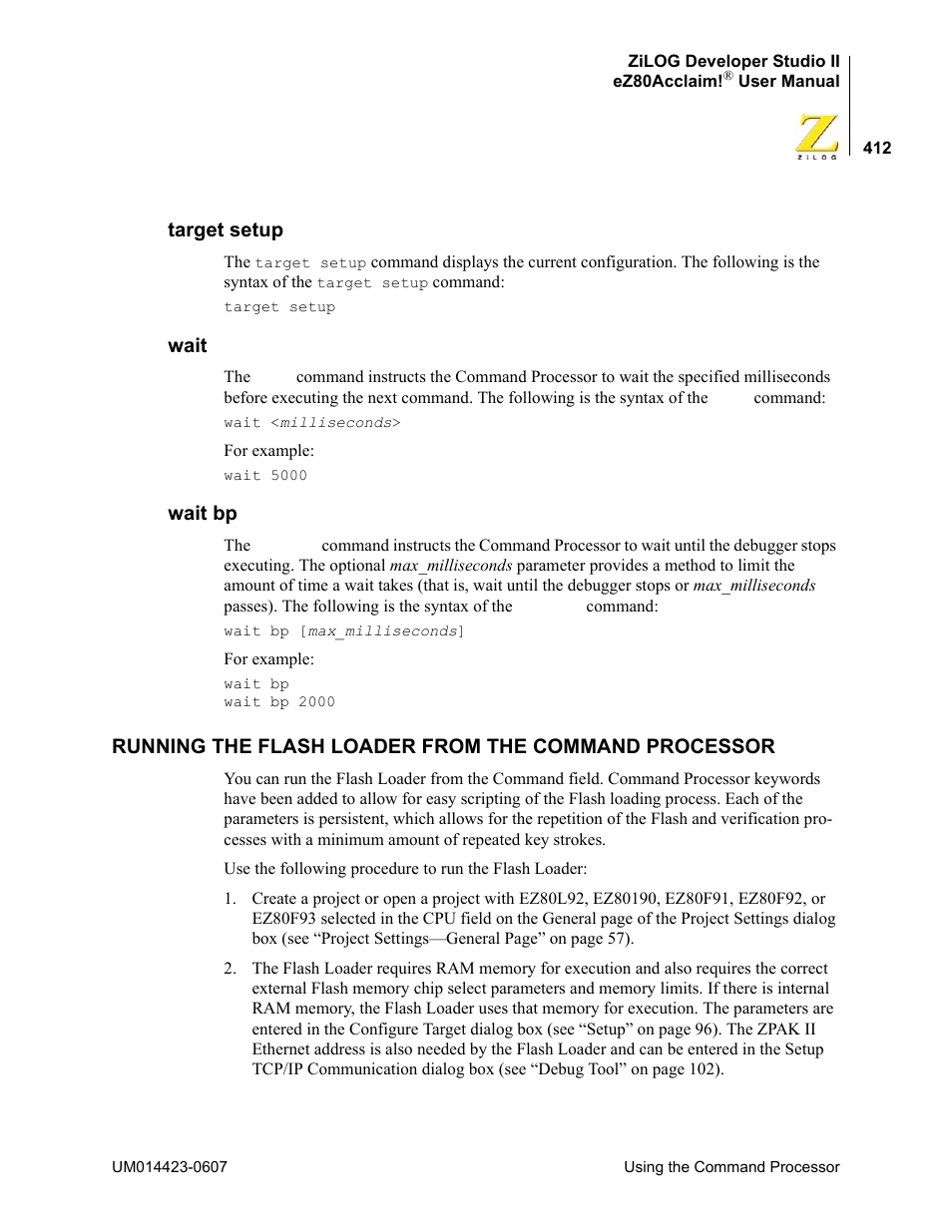 Target setup, Wait, Wait bp | Target setup wait wait bp | Zilog EZ80F916 User Manual | Page 432 / 469