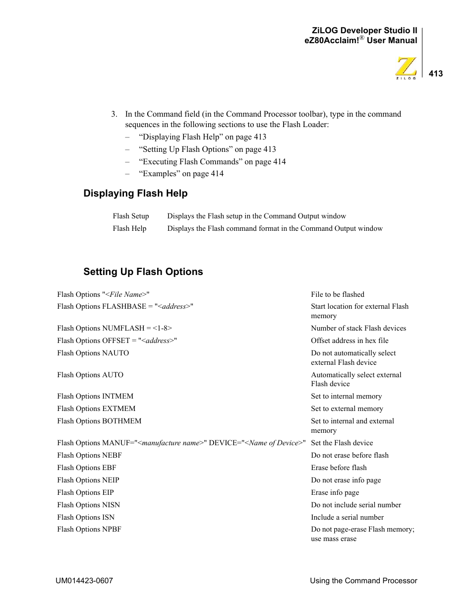 Displaying flash help, Setting up flash options, Displaying flash help setting up flash options | Zilog EZ80F916 User Manual | Page 433 / 469