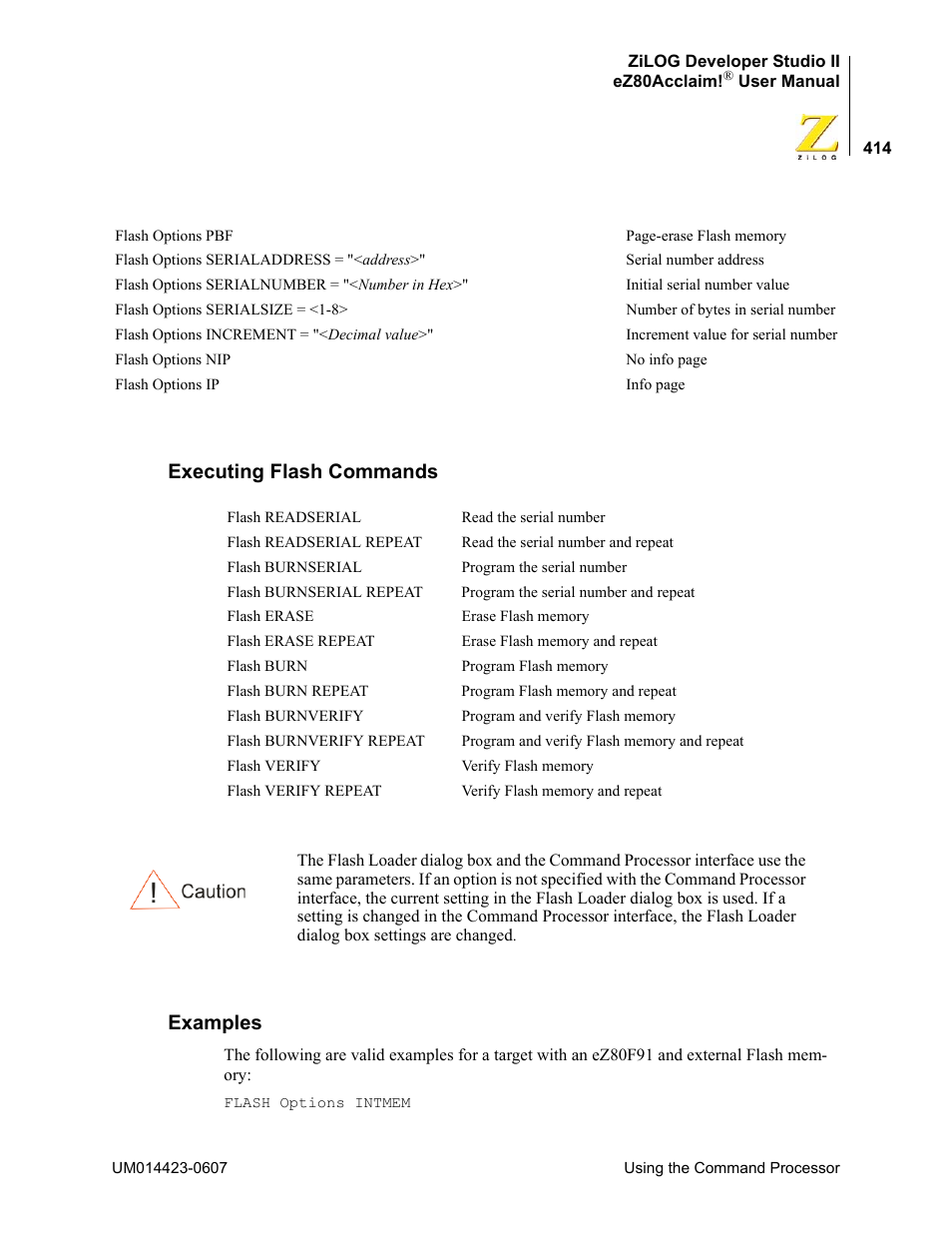 Executing flash commands, Examples, Executing flash commands examples | Zilog EZ80F916 User Manual | Page 434 / 469