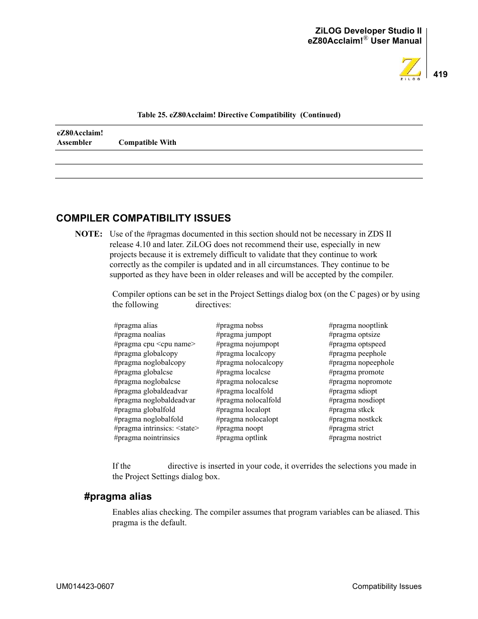 Compiler compatibility issues, Pragma alias | Zilog EZ80F916 User Manual | Page 439 / 469