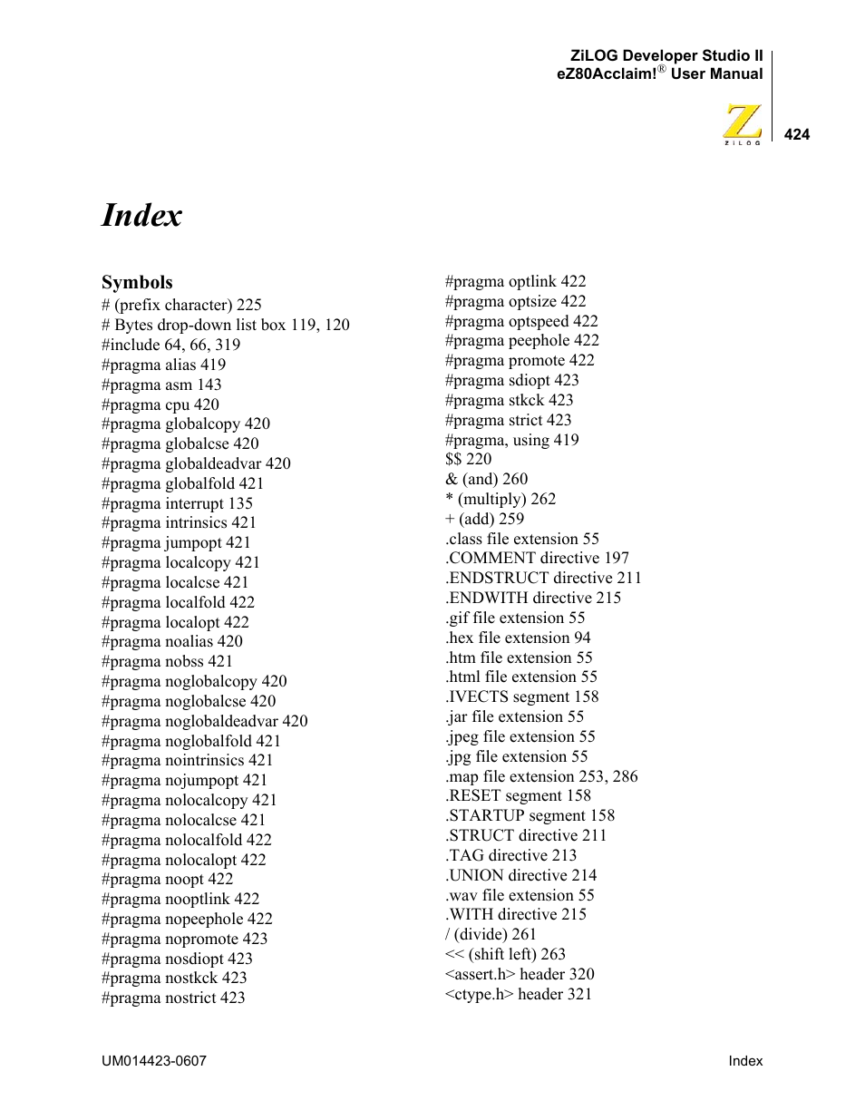 Index | Zilog EZ80F916 User Manual | Page 444 / 469