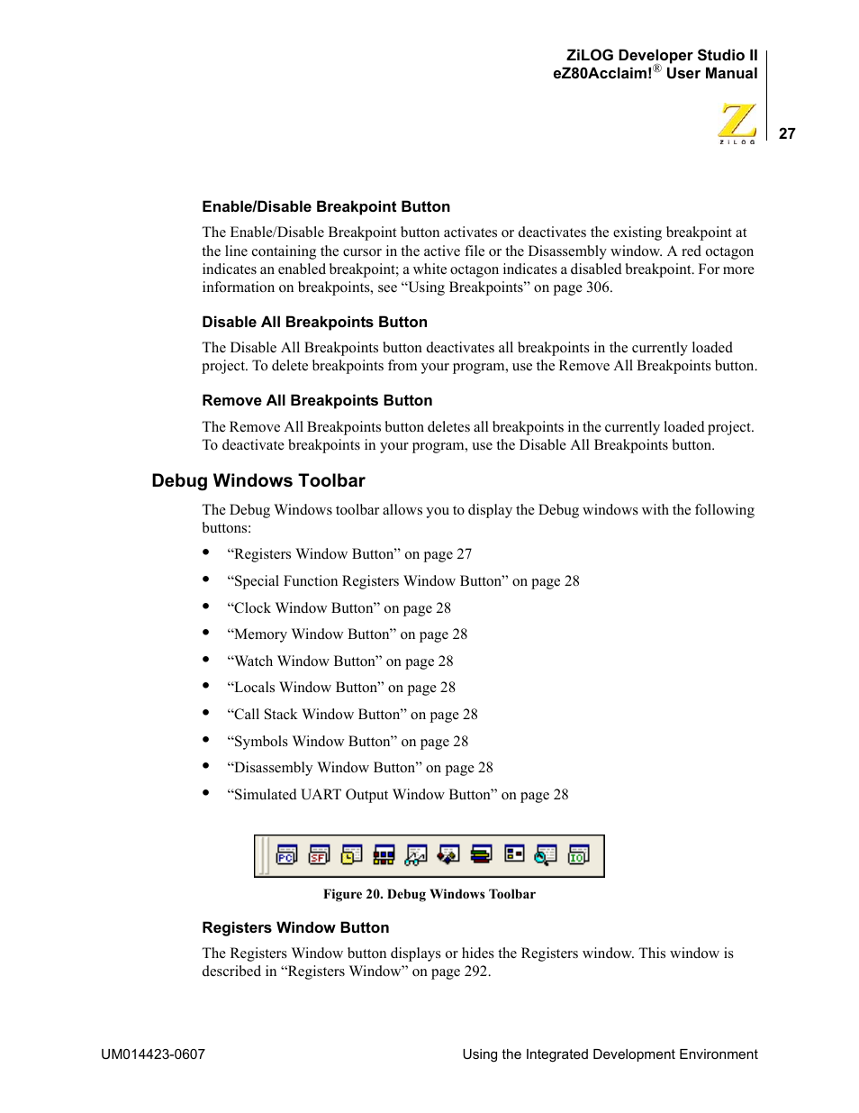 Debug windows toolbar | Zilog EZ80F916 User Manual | Page 47 / 469