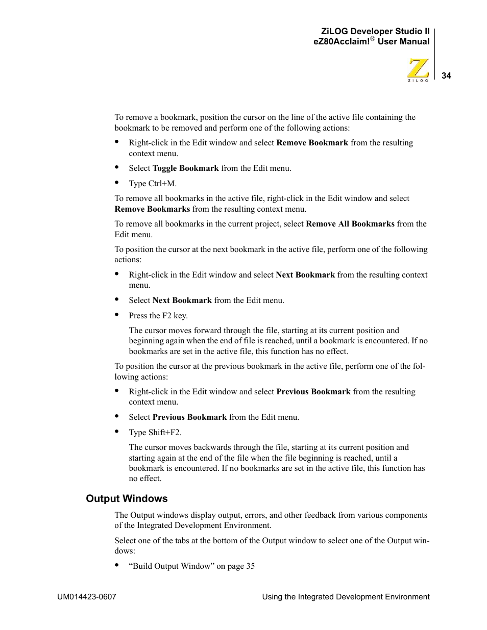 Output windows | Zilog EZ80F916 User Manual | Page 54 / 469