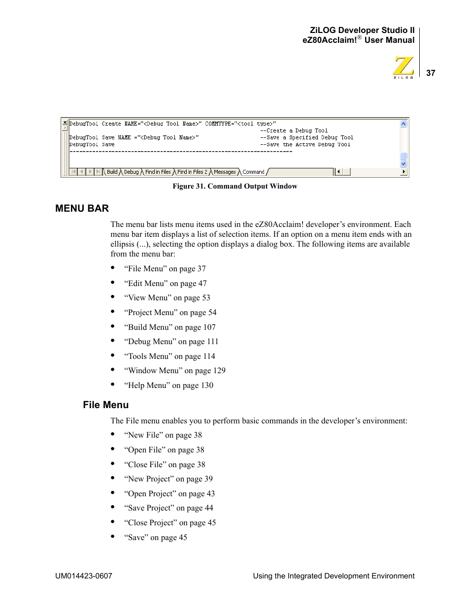 Menu bar, File menu | Zilog EZ80F916 User Manual | Page 57 / 469