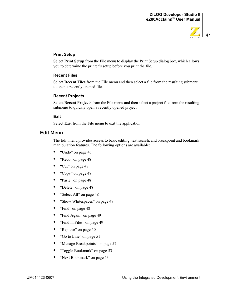 Edit menu | Zilog EZ80F916 User Manual | Page 67 / 469
