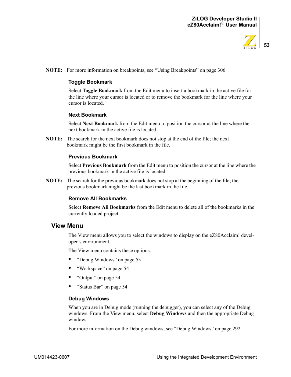 View menu | Zilog EZ80F916 User Manual | Page 73 / 469