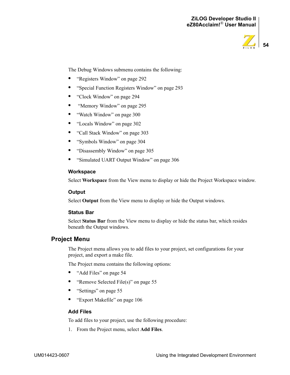 Project menu | Zilog EZ80F916 User Manual | Page 74 / 469