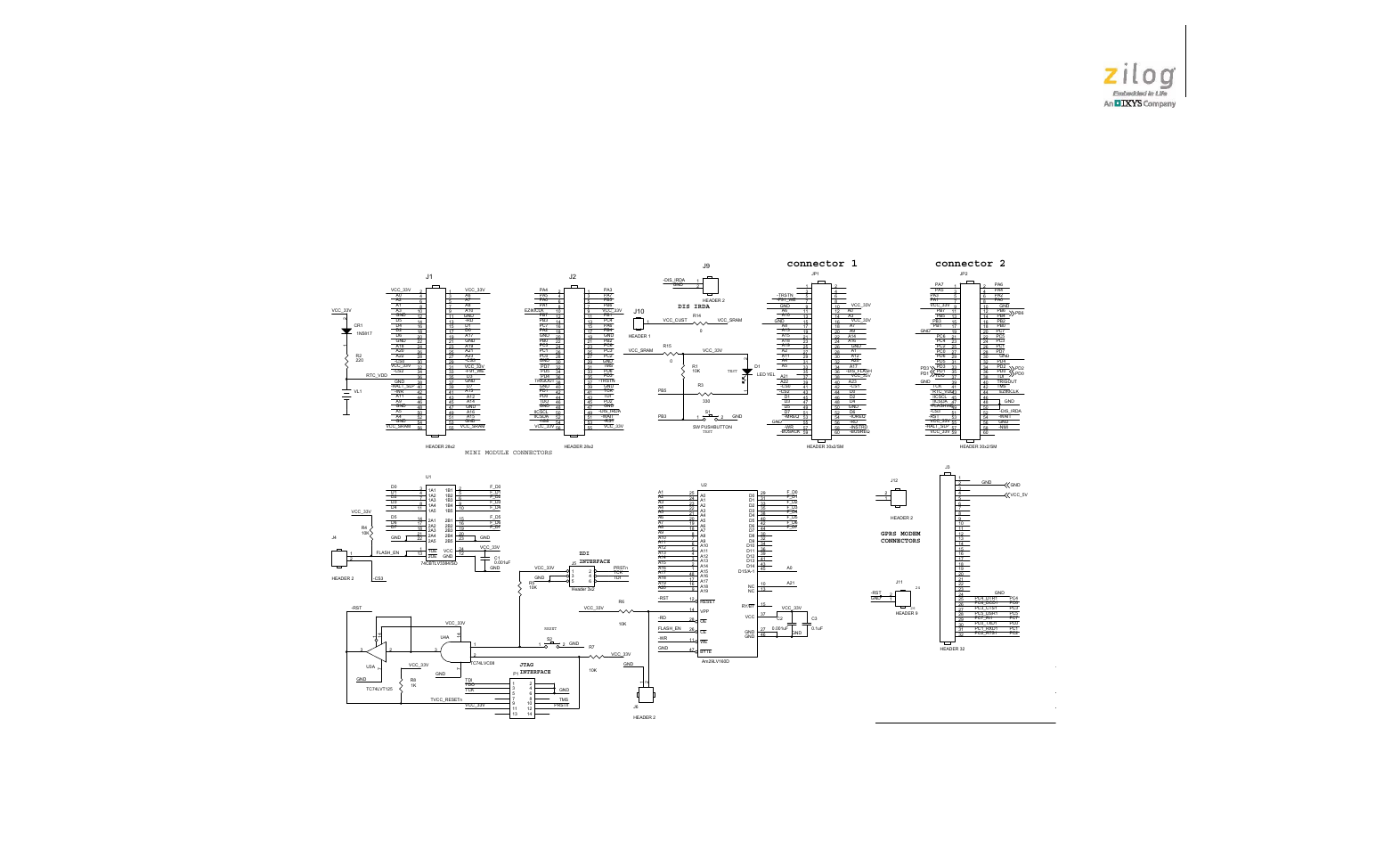Schematics, Connector 2 connector 1 | Zilog EZ80F916 User Manual | Page 35 / 41