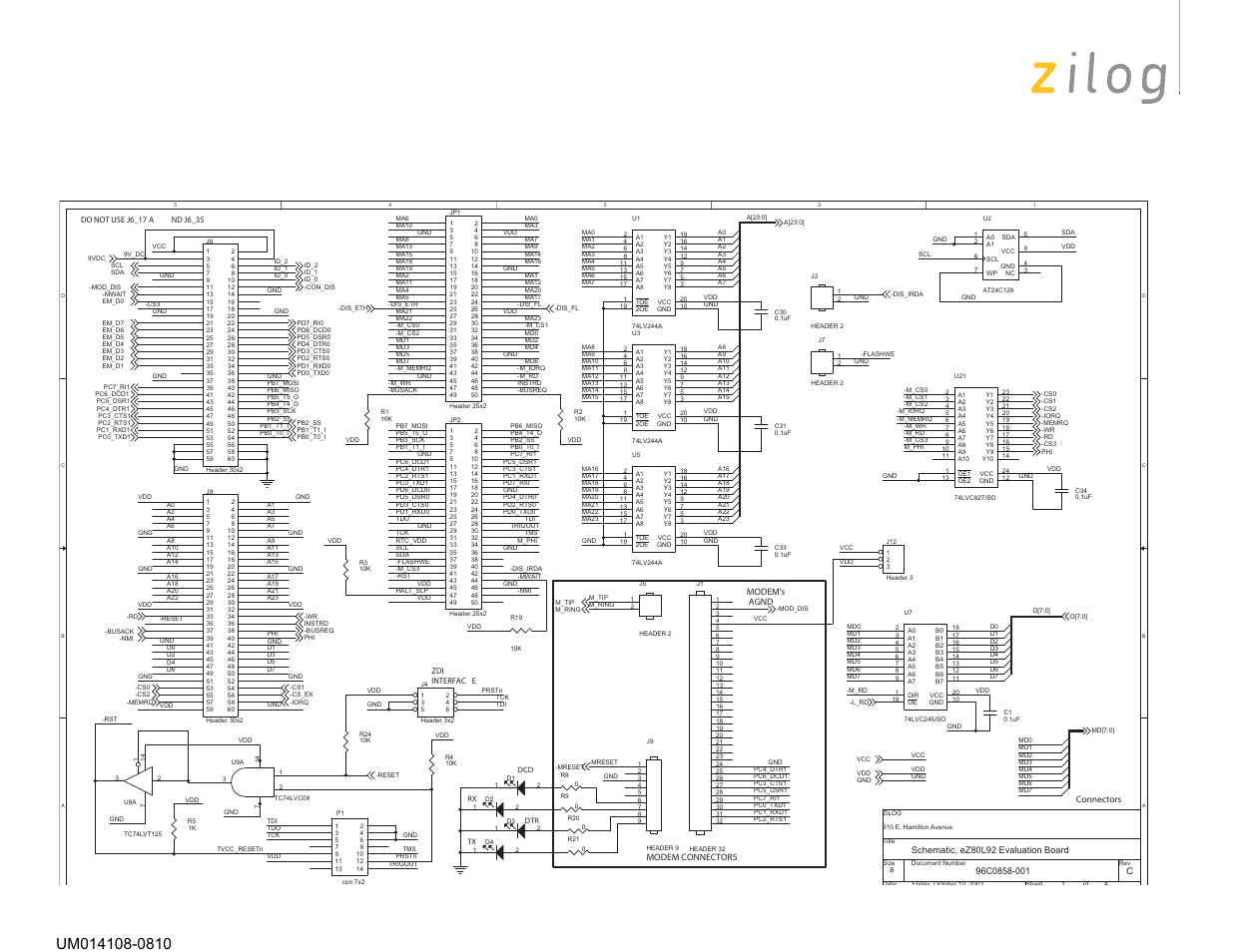 Schematic diagrams, Ez80® development platform, Ez80 | Illustrated in the, Starting on, Development platform, Figure 16. ez80, Development platform schematic diagram, #1 of 5 | Zilog EZ80190 User Manual | Page 65 / 87