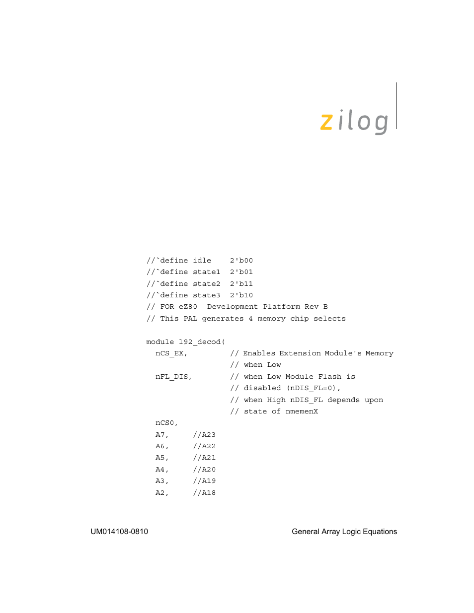 Appendix a, General array logic equations, U10 address decoder | Zilog EZ80190 User Manual | Page 78 / 87