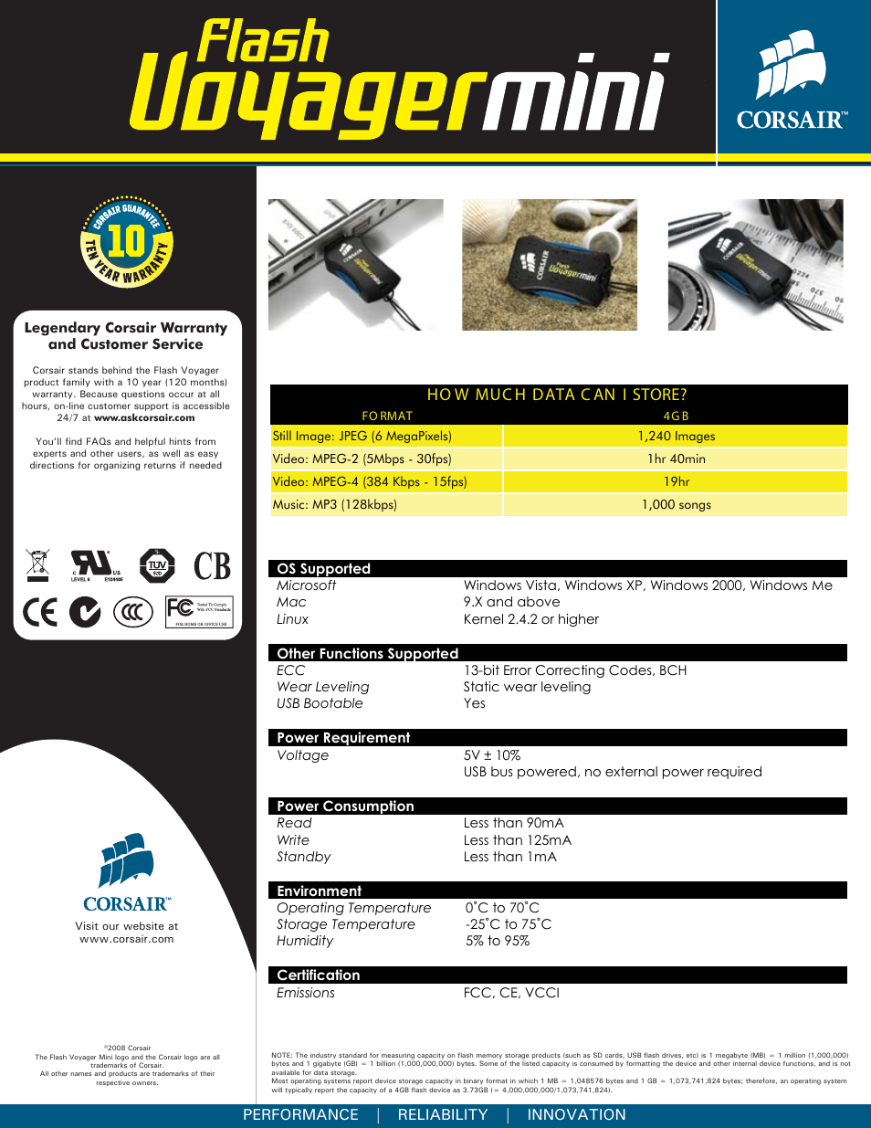 Ho w muc h data c an i store, Performance | reliability | innovation | Corsair Flash Voyager Mini User Manual | Page 2 / 2