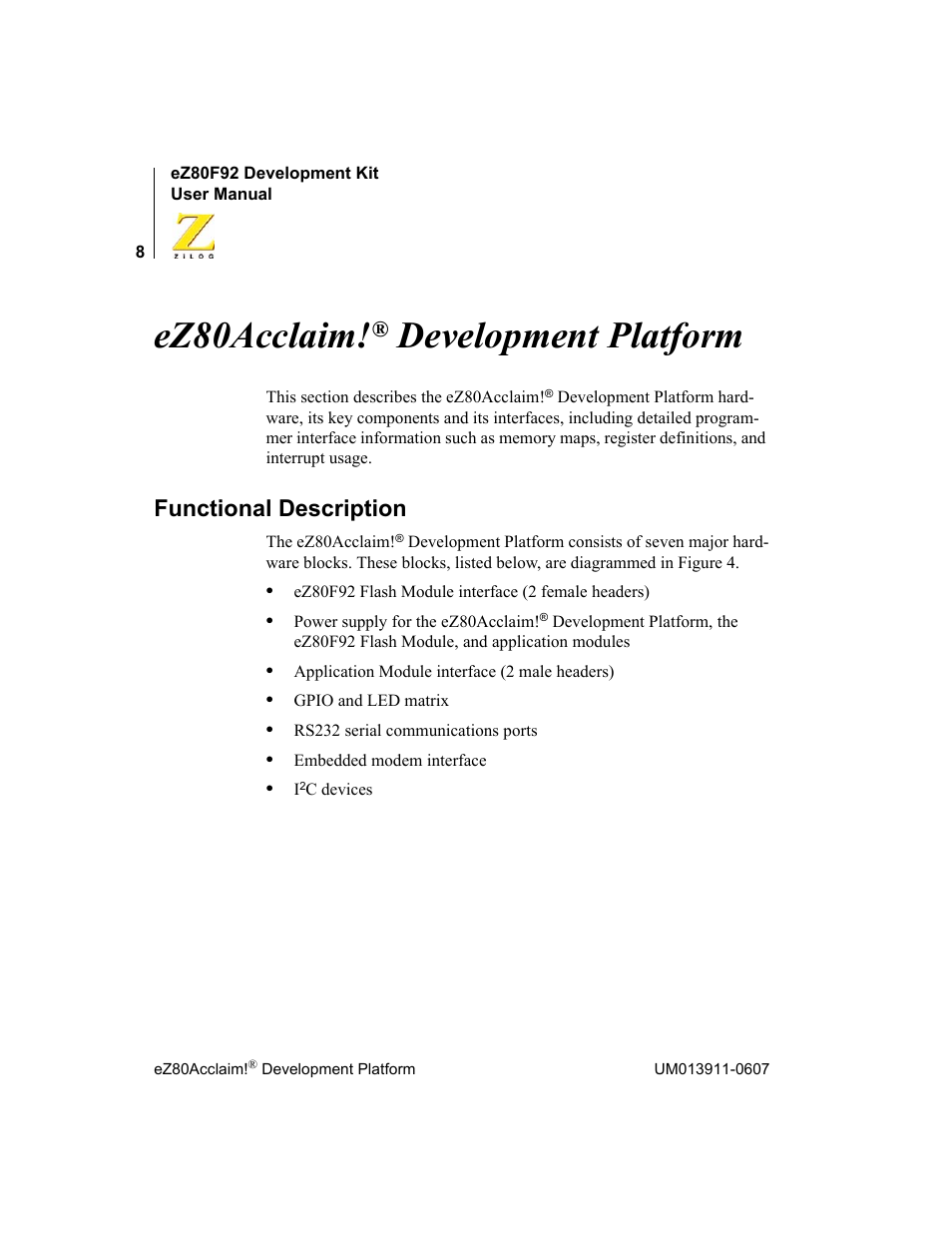 Ez80acclaim!® development platform, Functional description, Ez80acclaim | Development platform | Zilog eZ80F92 User Manual | Page 12 / 87
