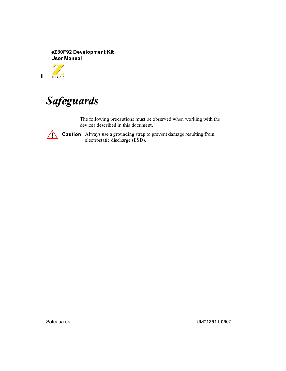 Safeguards | Zilog eZ80F92 User Manual | Page 2 / 87