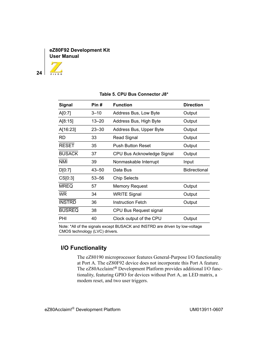 I/o functionality | Zilog eZ80F92 User Manual | Page 28 / 87