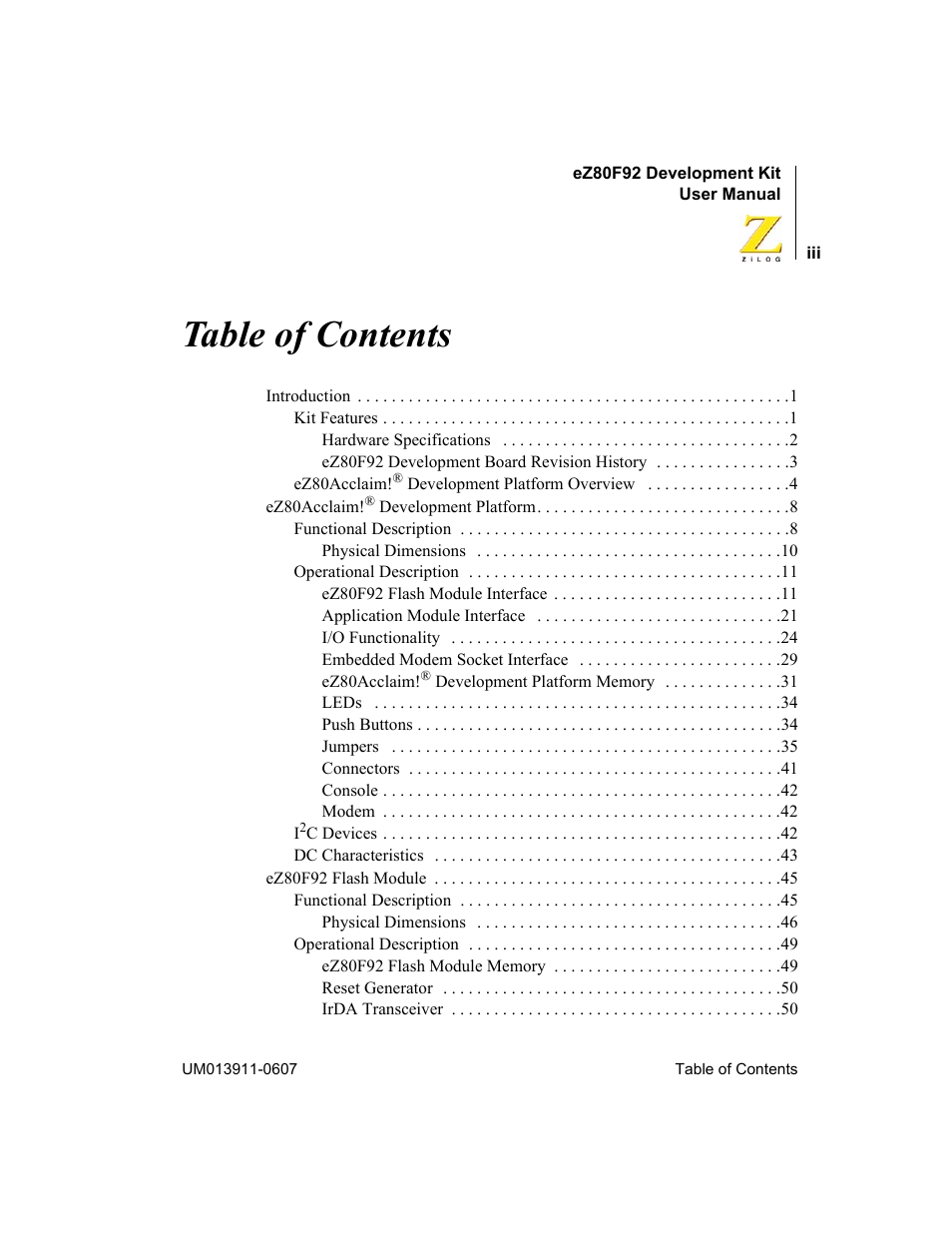 Zilog eZ80F92 User Manual | Page 3 / 87